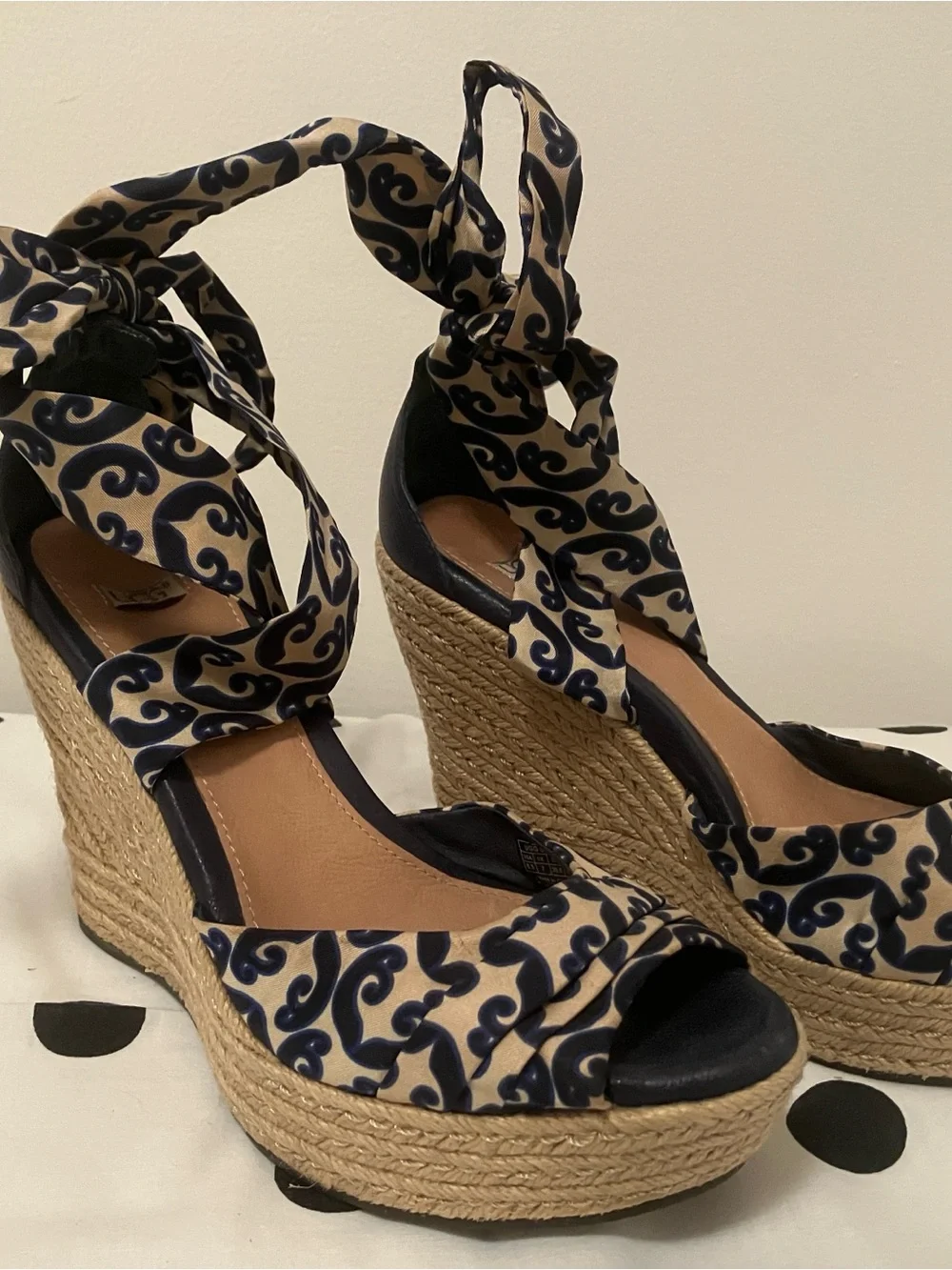 UGG Navy and Beige Printed Espadrille Wedge Sandals with Ankle Ties